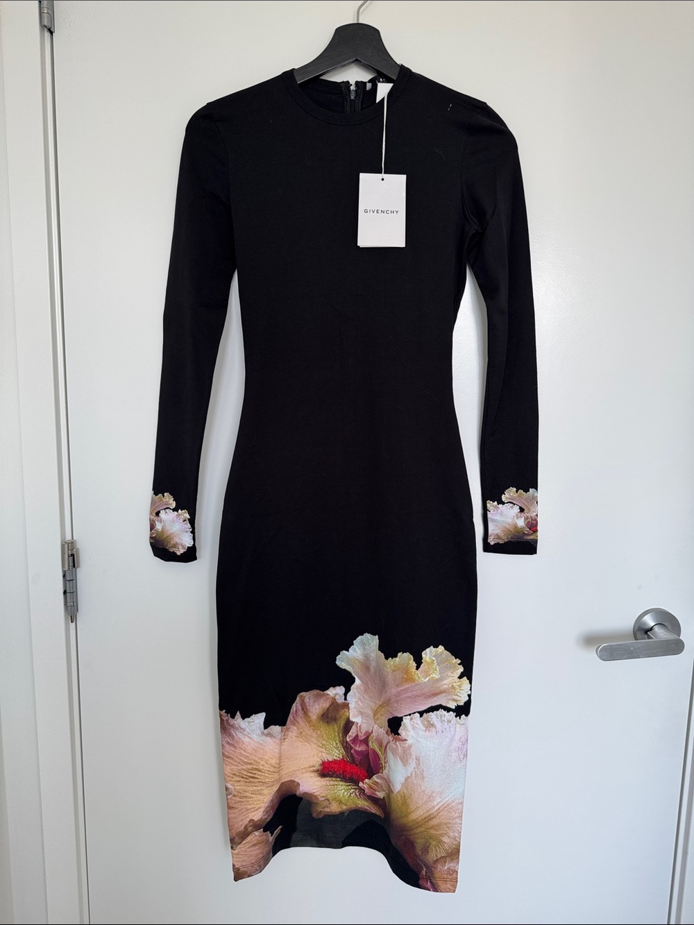 Givenchy Black Long-Sleeve Midi Dress with Floral Hem and Cuffs